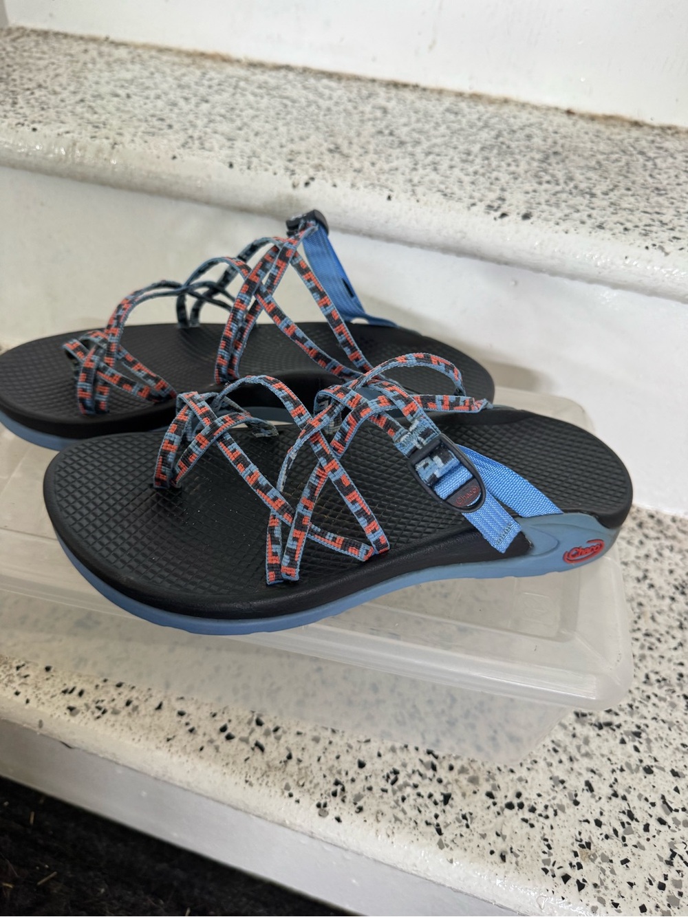 Chaco Women's Black Footbed Sandals with Blue & Coral Strappy Webbing